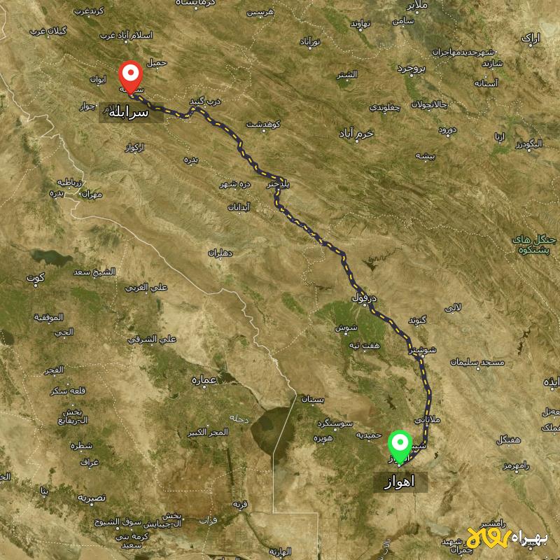 مسافت و فاصله سرابله - ایلام تا اهواز - آذر ۱۴۰۳
