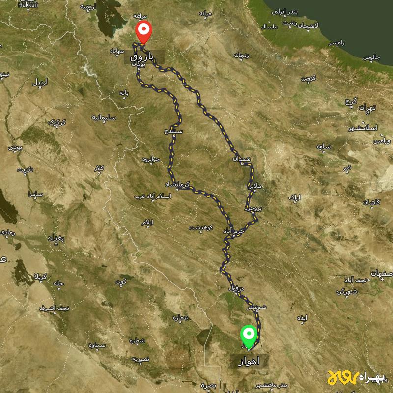 مسافت و فاصله باروق - آذربایجان غربی تا اهواز از ۲ مسیر - آذر ۱۴۰۳