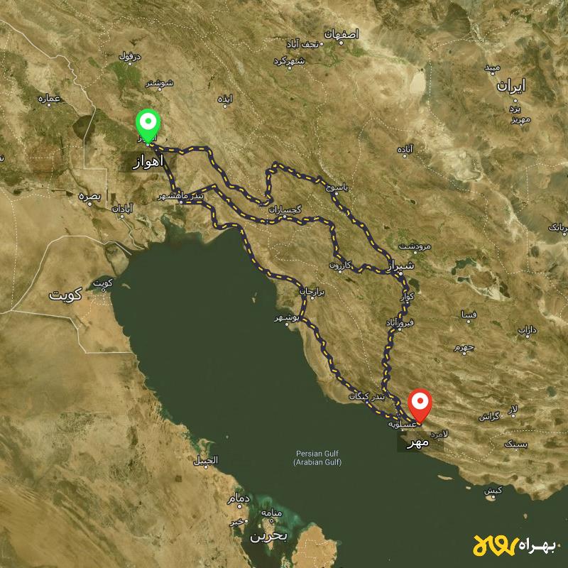 مسافت و فاصله مهر - فارس تا اهواز از ۳ مسیر - اردیبهشت ۱۴۰۳