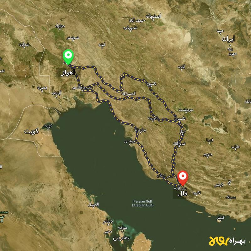 مسافت و فاصله فال - فارس تا اهواز از ۳ مسیر - آبان ۱۴۰۳