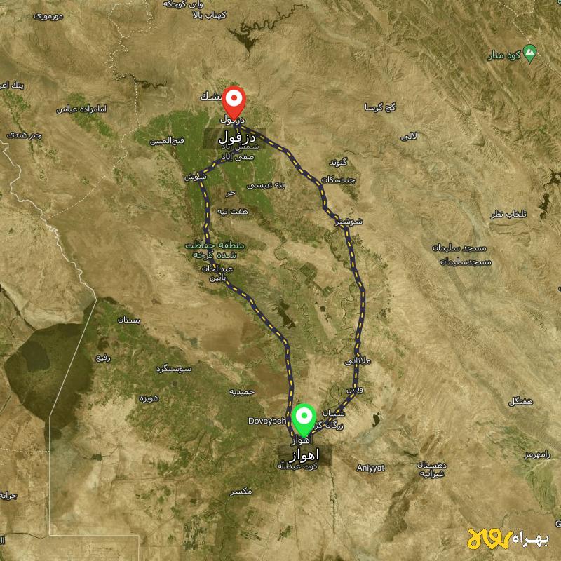 مسافت و فاصله دزفول تا اهواز از ۲ مسیر - مرداد ۱۴۰۳