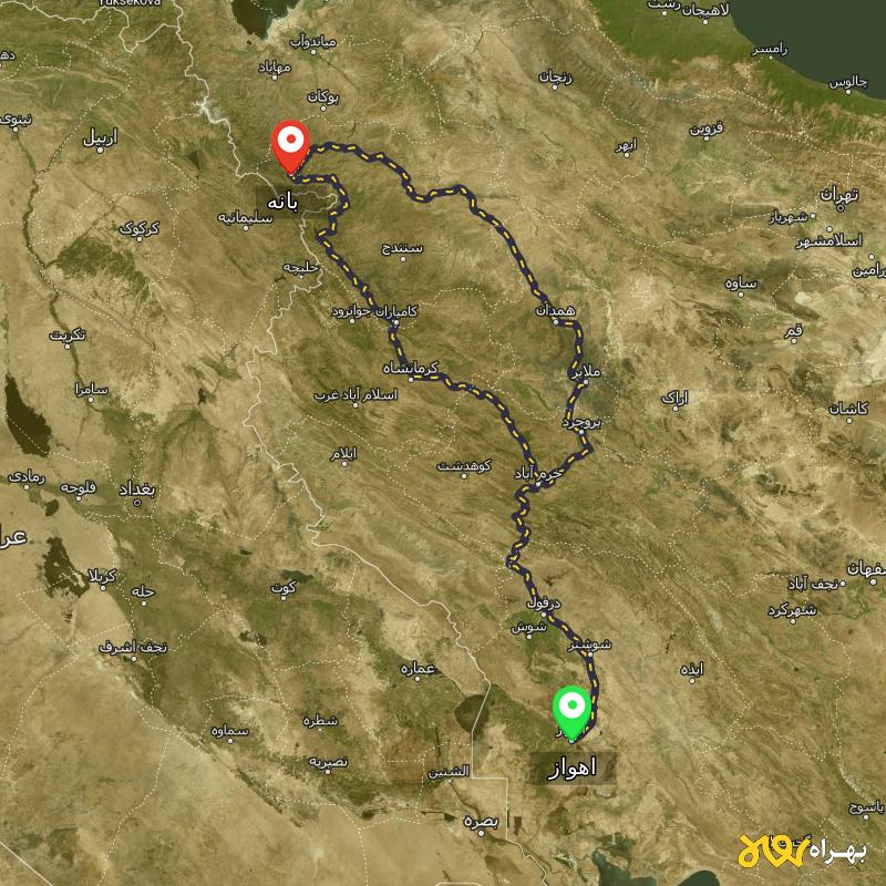 مسافت و فاصله بانه - کردستان تا اهواز از 2 مسیر - مسیریاب بهراه