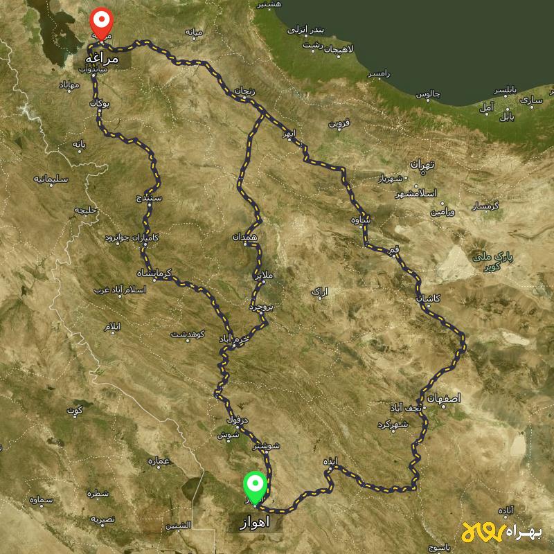 مسافت و فاصله مراغه - آذربایجان شرقی تا اهواز از ۳ مسیر - اردیبهشت ۱۴۰۳