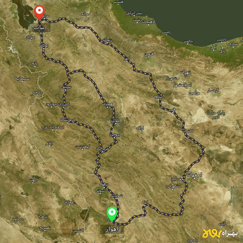 مسافت و فاصله بناب - آذربایجان شرقی تا اهواز از ۳ مسیر - مرداد ۱۴۰۳