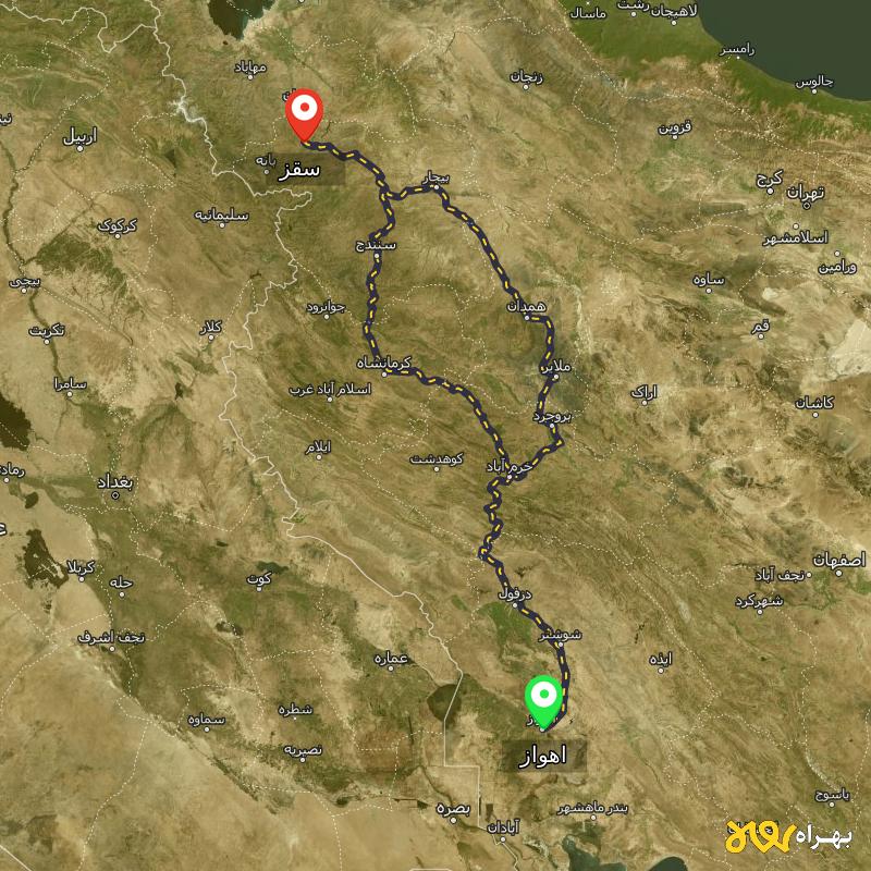 مسافت و فاصله سقز - کردستان تا اهواز از ۲ مسیر - مرداد ۱۴۰۳