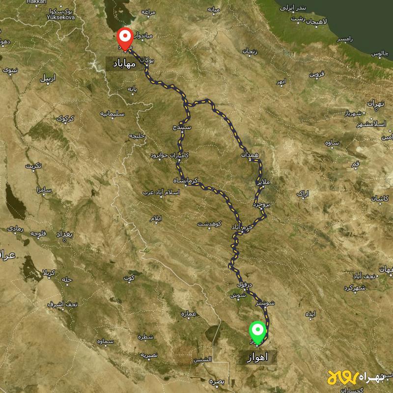 مسافت و فاصله مهاباد - آذربایجان غربی تا اهواز از ۲ مسیر - اردیبهشت ۱۴۰۳