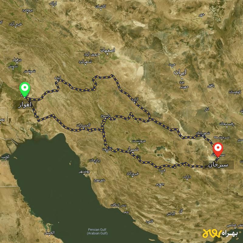 مسافت و فاصله سیرجان تا اهواز از ۳ مسیر - آذر ۱۴۰۳