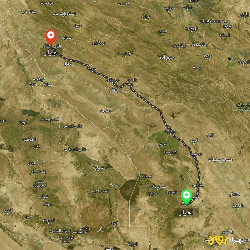 مسافت و فاصله چوار - ایلام تا اهواز - آذر ۱۴۰۳