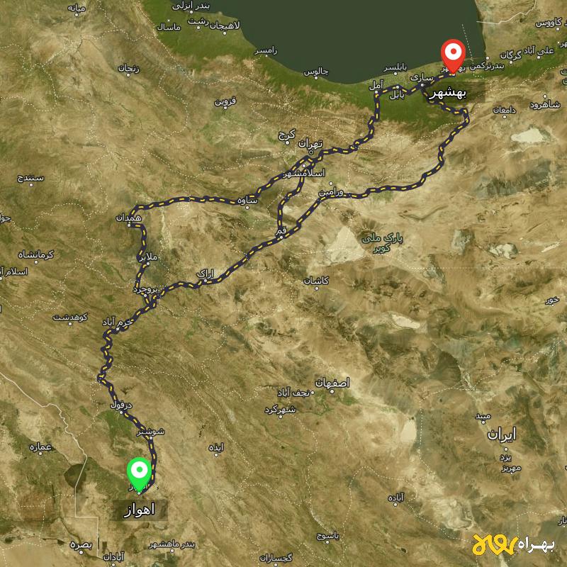 مسافت و فاصله بهشهر - مازندران تا اهواز از ۳ مسیر - آذر ۱۴۰۳