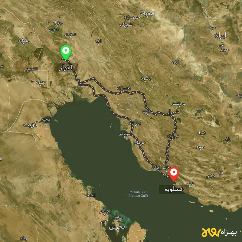 مسافت و فاصله عسلویه - بوشهر تا اهواز از 2 مسیر - مسیریاب بهراه
