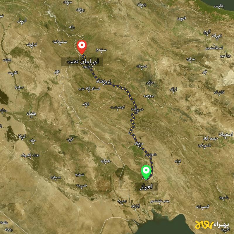 مسافت و فاصله اورامان تخت - کردستان تا اهواز - مرداد ۱۴۰۳