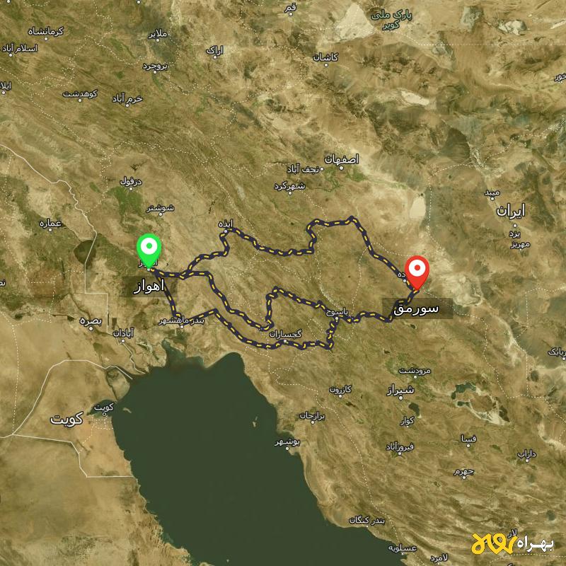 مسافت و فاصله سورمق - فارس تا اهواز از ۳ مسیر - مرداد ۱۴۰۳