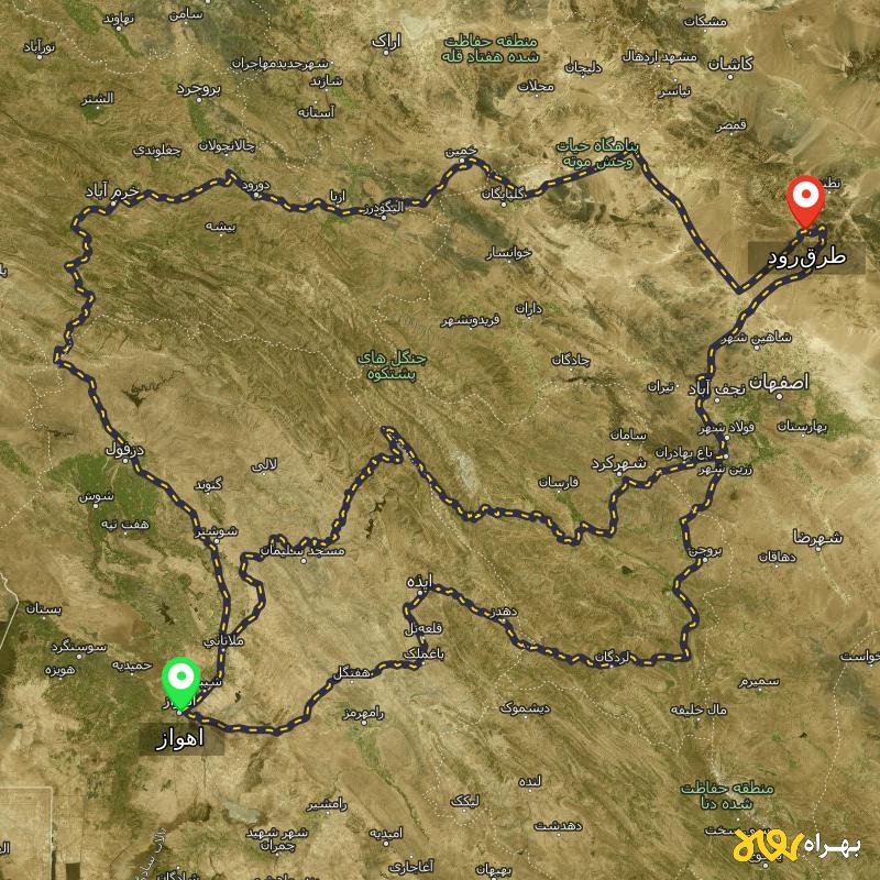 مسافت و فاصله طرق‌رود - اصفهان تا اهواز از ۳ مسیر - بهمن ۱۴۰۳