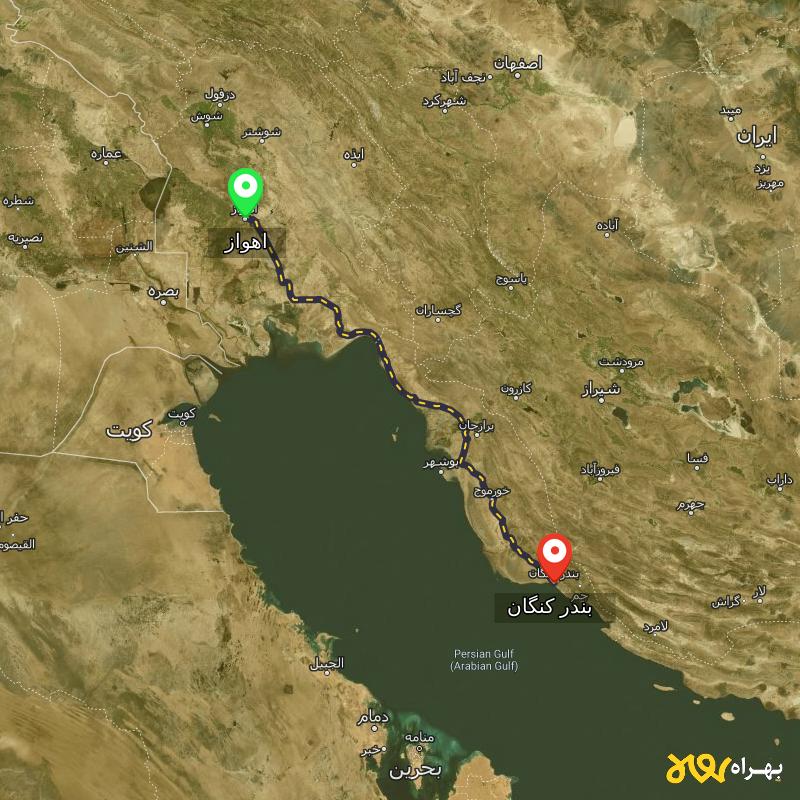 مسافت و فاصله بندر کنگان - بوشهر تا اهواز - مسیریاب بهراه