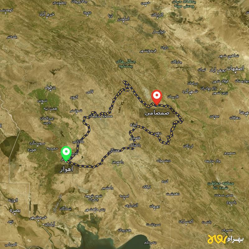 مسافت و فاصله صمصامی - چهارمحال و بختیاری تا اهواز از ۲ مسیر - دی ۱۴۰۳