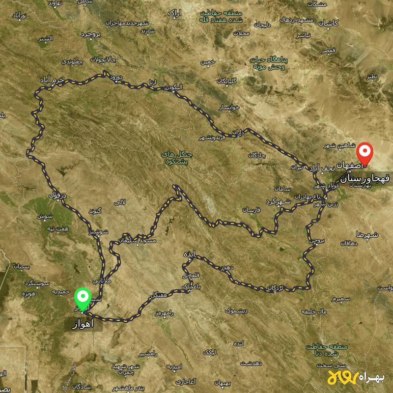 مسافت و فاصله قهجاورستان - اصفهان تا اهواز از ۳ مسیر - مهر ۱۴۰۳