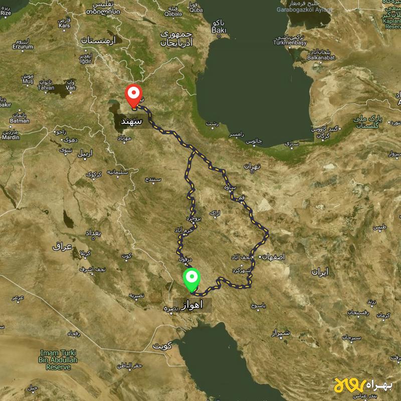 مسافت و فاصله سهند - آذربایجان شرقی تا اهواز از ۲ مسیر - مهر ۱۴۰۳