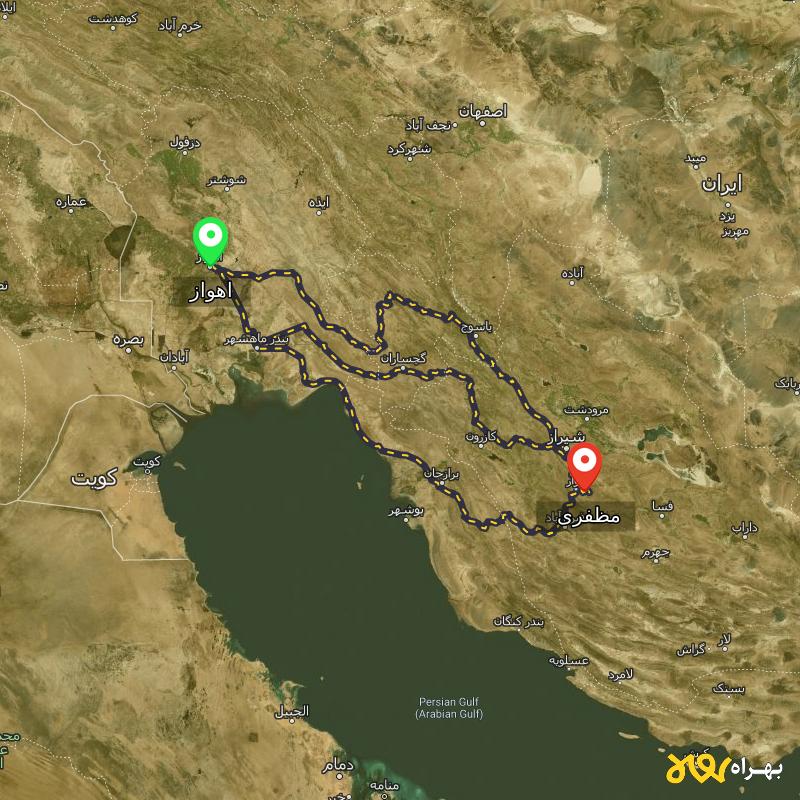 مسافت و فاصله مظفری - فارس تا اهواز از ۳ مسیر - مرداد ۱۴۰۳