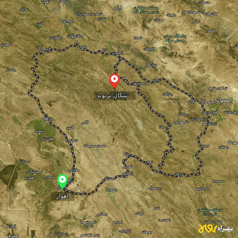 مسافت و فاصله تیتکان بزنوید - لرستان تا اهواز از ۳ مسیر - شهریور ۱۴۰۳