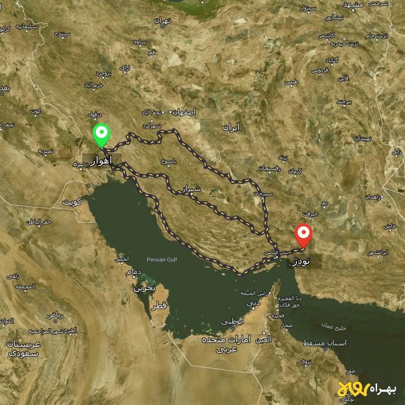 مسافت و فاصله نودژ - کرمان تا اهواز از ۳ مسیر - شهریور ۱۴۰۳