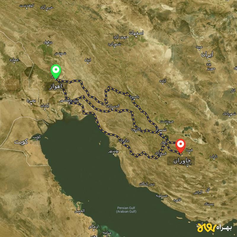 مسافت و فاصله خاوران - فارس تا اهواز از ۳ مسیر - مرداد ۱۴۰۳