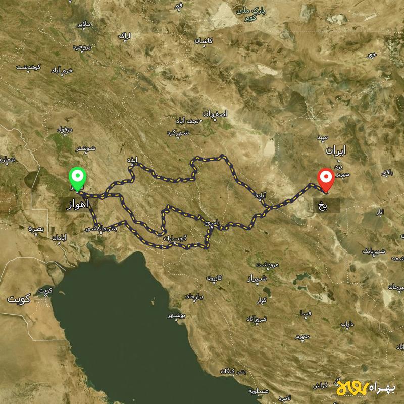 مسافت و فاصله بخ - یزد تا اهواز از ۳ مسیر - اردیبهشت ۱۴۰۳