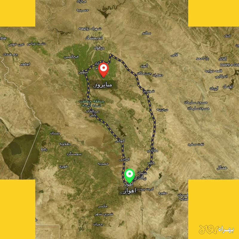 مسافت و فاصله میانرود - خوزستان تا اهواز از ۲ مسیر - مهر ۱۴۰۳