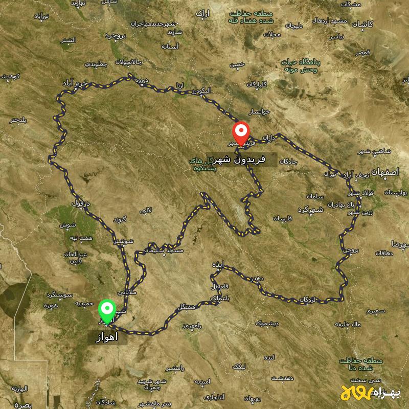 مسافت و فاصله فریدون شهر - اصفهان تا اهواز از ۳ مسیر - آذر ۱۴۰۳