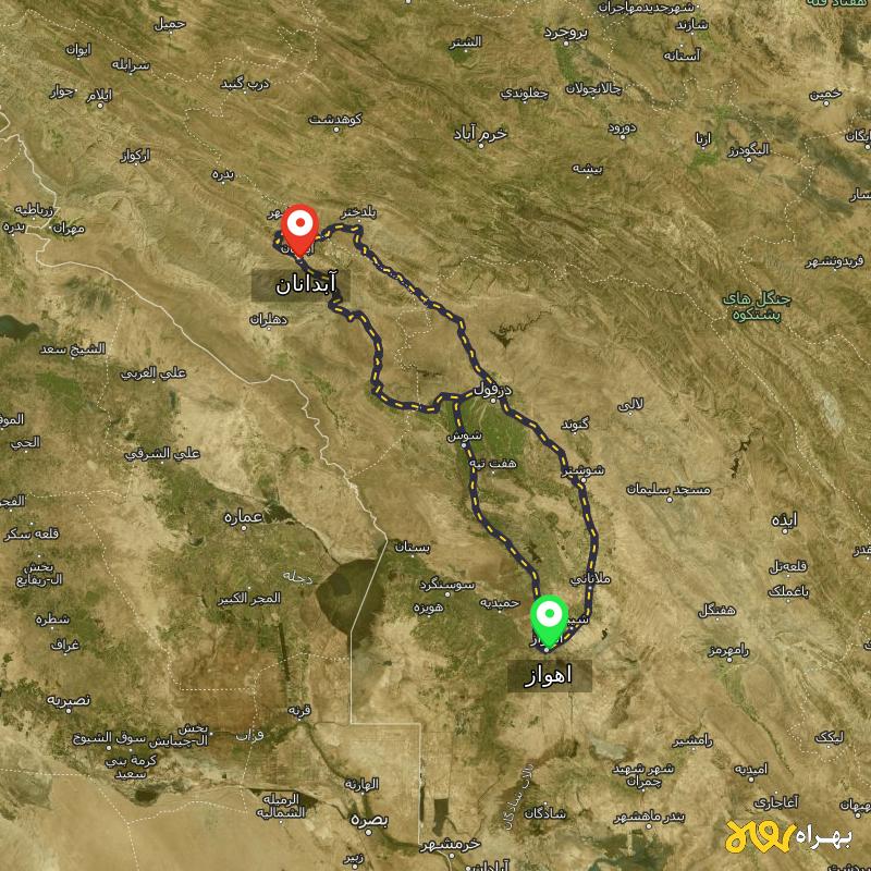 مسافت و فاصله آبدانان - ایلام تا اهواز از ۳ مسیر - دی ۱۴۰۳