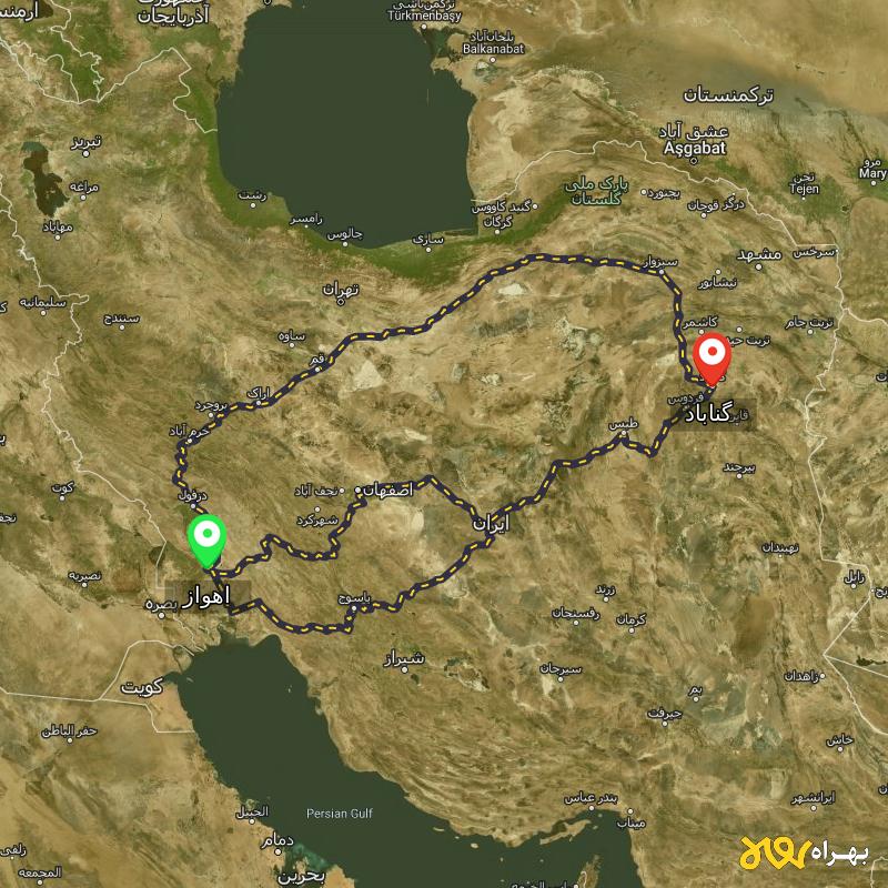 مسافت و فاصله گناباد - خراسان رضوی تا اهواز از ۳ مسیر - آذر ۱۴۰۳