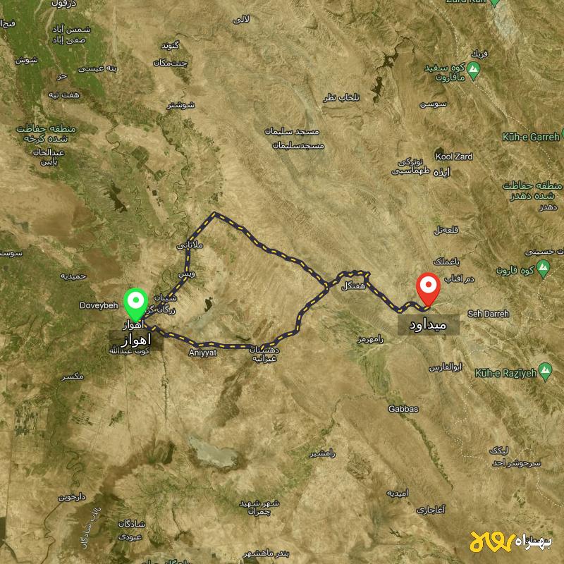 مسافت و فاصله میداود - خوزستان تا اهواز از 2 مسیر - مسیریاب بهراه
