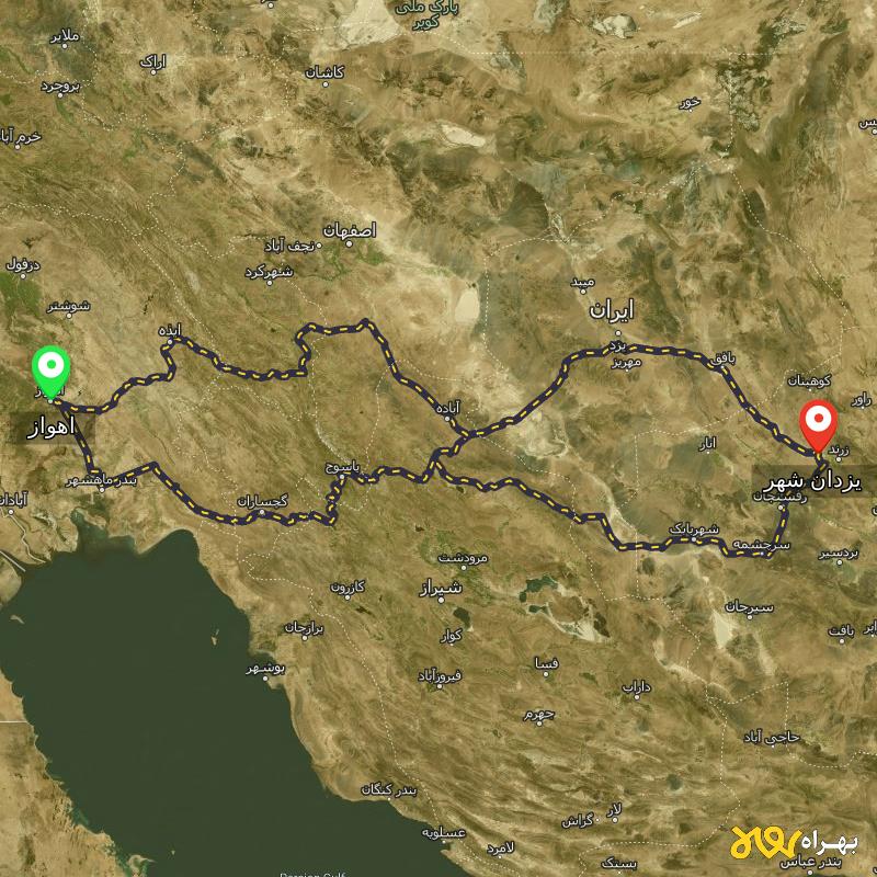 مسافت و فاصله یزدان شهر - کرمان تا اهواز از ۳ مسیر - آذر ۱۴۰۳