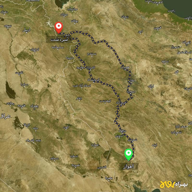 مسافت و فاصله سردشت - آذربایجان غربی تا اهواز از 2 مسیر - مسیریاب بهراه