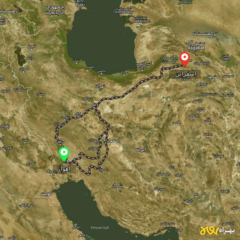 مسافت و فاصله اسفراین - خراسان شمالی تا اهواز از ۳ مسیر - اردیبهشت ۱۴۰۳