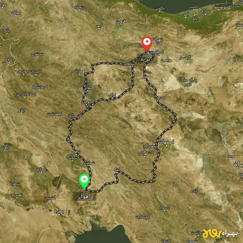 مسافت و فاصله پرند تا اهواز از ۳ مسیر - مرداد ۱۴۰۳
