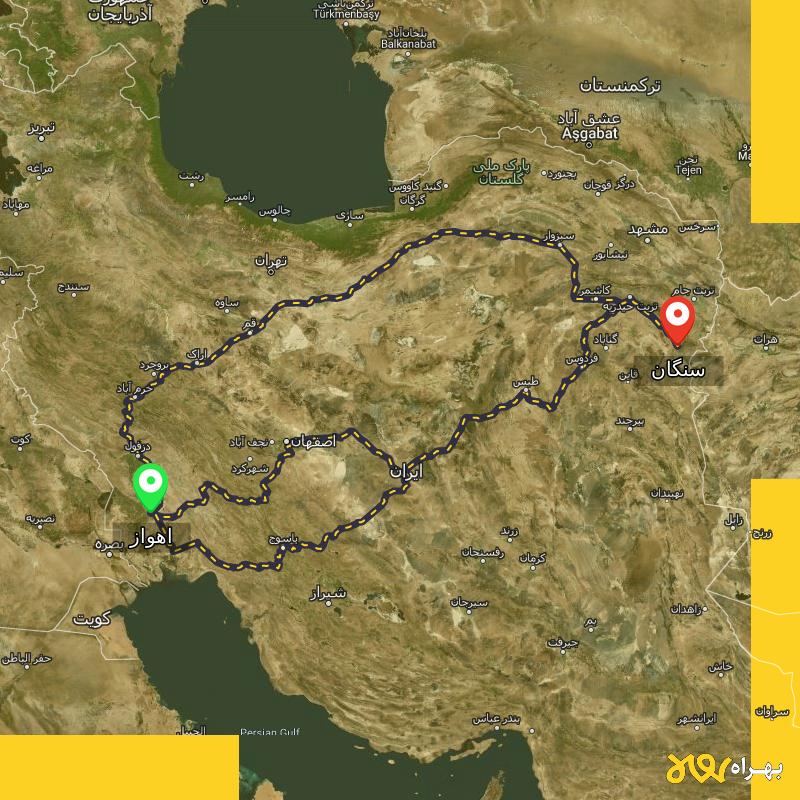 مسافت و فاصله سنگان - خراسان رضوی تا اهواز از ۳ مسیر - شهریور ۱۴۰۳