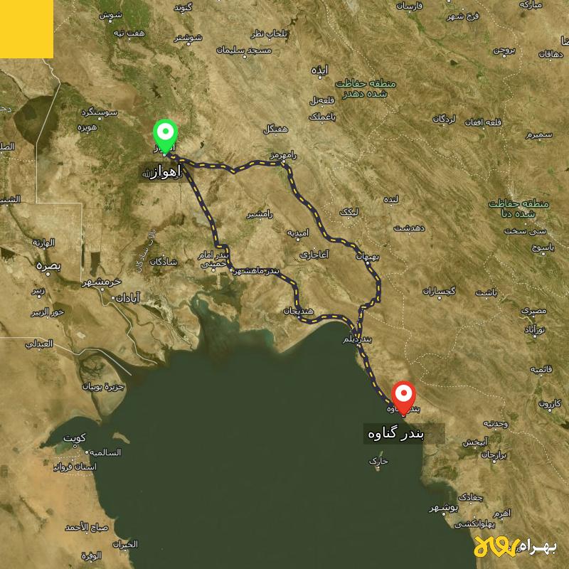 مسافت و فاصله بندر گناوه - بوشهر تا اهواز از 2 مسیر - مسیریاب بهراه