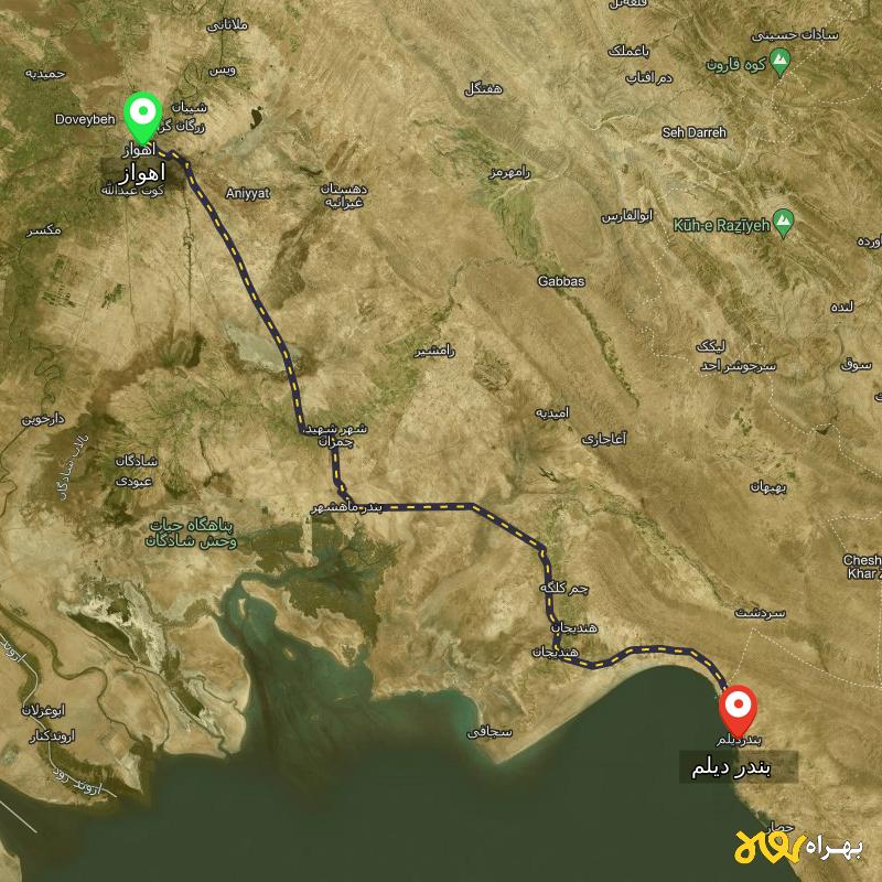 مسافت و فاصله بندر دیلم - بوشهر تا اهواز - مسیریاب بهراه