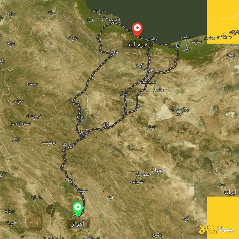 مسافت و فاصله خرم آباد - مازندران تا اهواز از ۳ مسیر - مرداد ۱۴۰۳