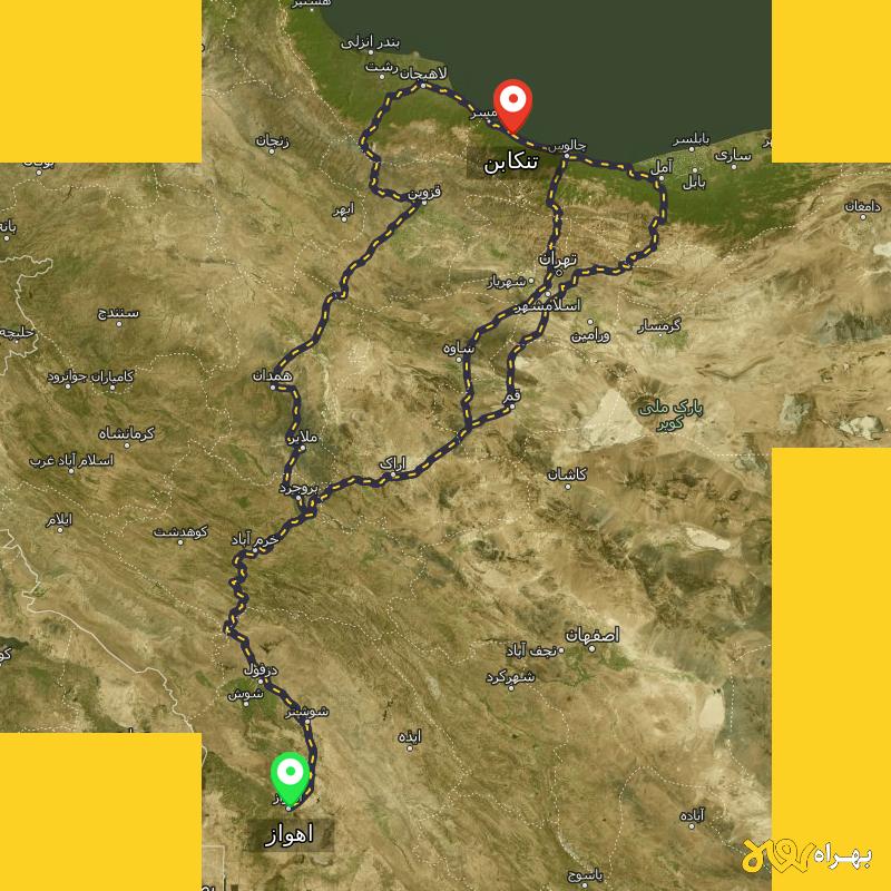 مسافت و فاصله تنکابن - مازندران تا اهواز از ۳ مسیر - مرداد ۱۴۰۳