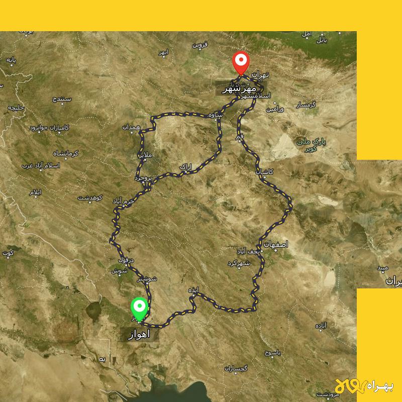 مسافت و فاصله مهرشهر - کرج تا اهواز از 3 مسیر - مسیریاب بهراه