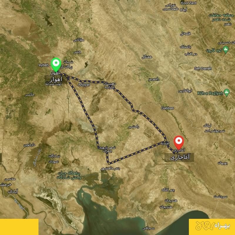 مسافت و فاصله آغاجاری - خوزستان تا اهواز از 2 مسیر - مسیریاب بهراه