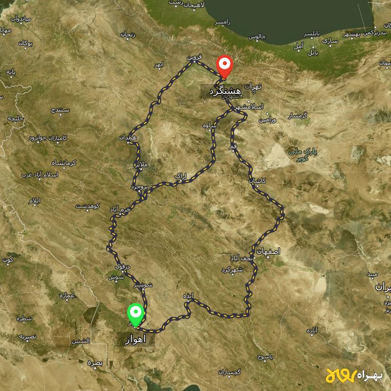 مسافت و فاصله هشتگرد تا اهواز از ۳ مسیر - آبان ۱۴۰۳