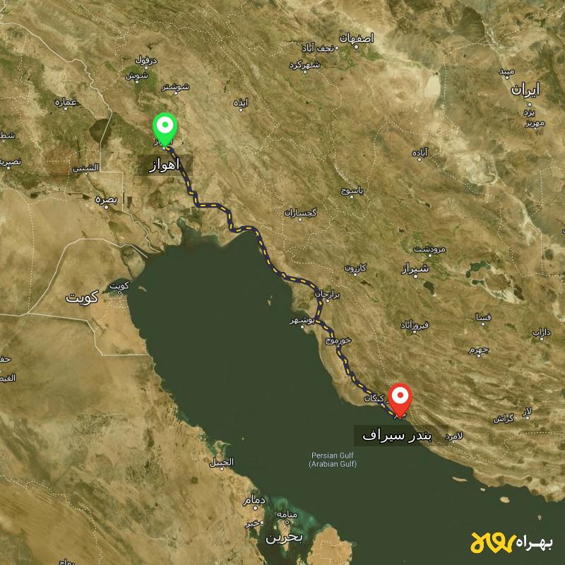 مسافت و فاصله بندر سیراف - بوشهر تا اهواز - مسیریاب بهراه
