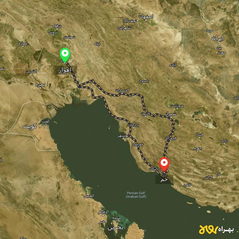 مسافت و فاصله جم - بوشهر تا اهواز از ۲ مسیر - اردیبهشت ۱۴۰۳