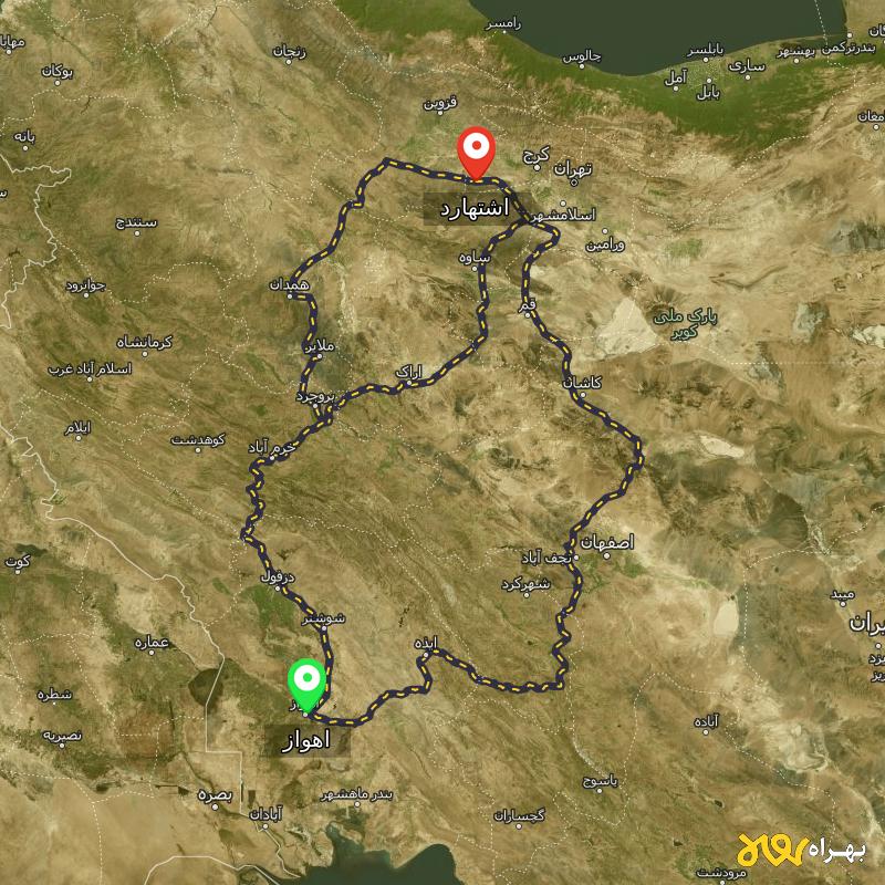 مسافت و فاصله اشتهارد - البرز تا اهواز از ۳ مسیر - شهریور ۱۴۰۳