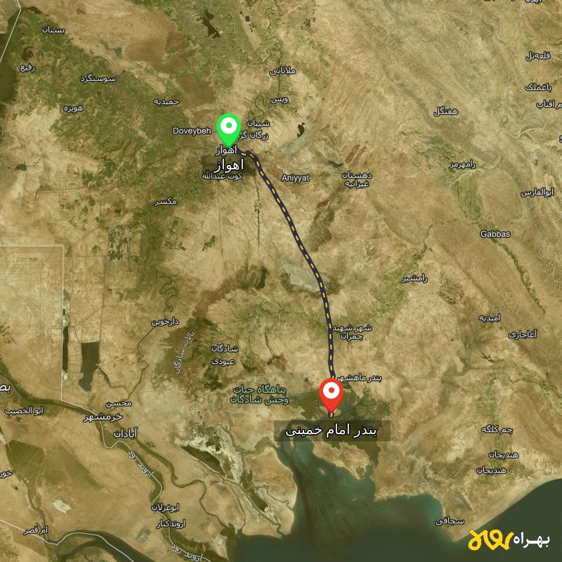 مسافت و فاصله بندر امام خمینی - خوزستان تا اهواز - مسیریاب بهراه