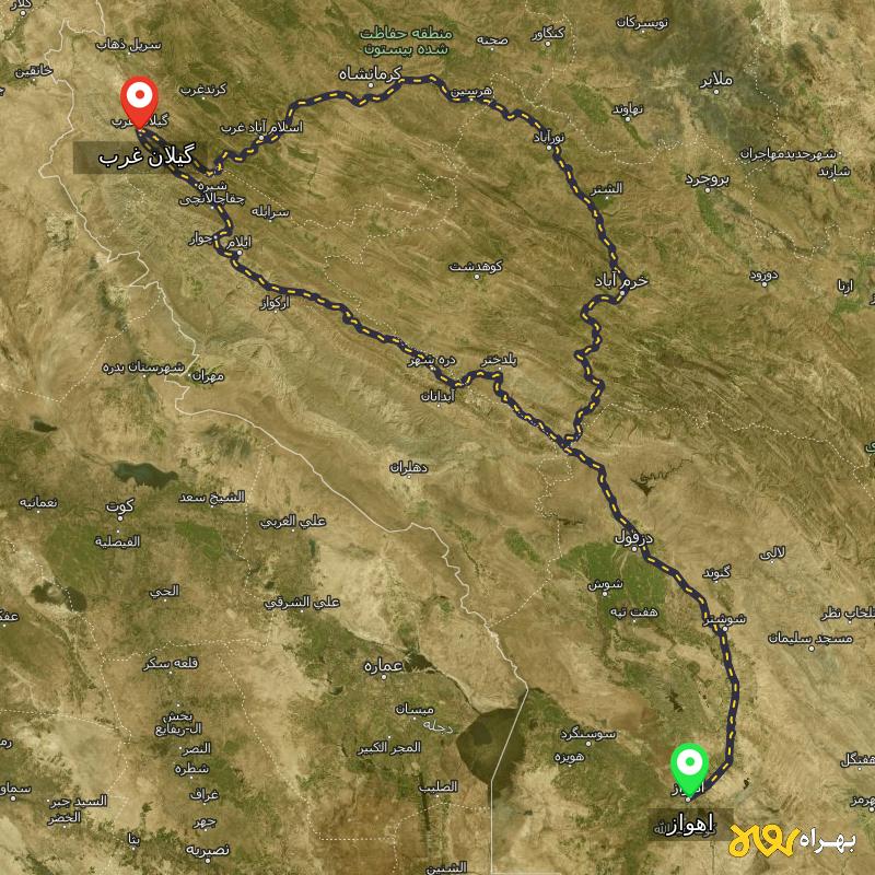 مسافت و فاصله گیلان غرب - کرمانشاه تا اهواز از ۲ مسیر - اردیبهشت ۱۴۰۳