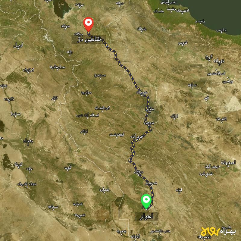مسافت و فاصله شاهین دژ - آذربایجان غربی تا اهواز - دی ۱۴۰۳
