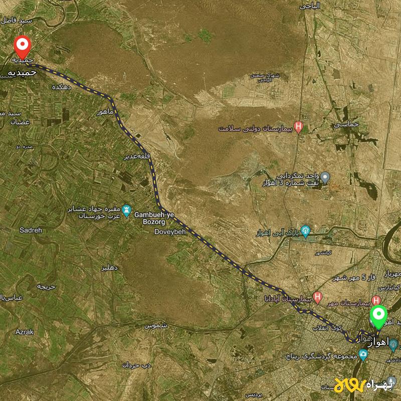 مسافت و فاصله حمیدیه - خوزستان تا اهواز - مرداد ۱۴۰۳